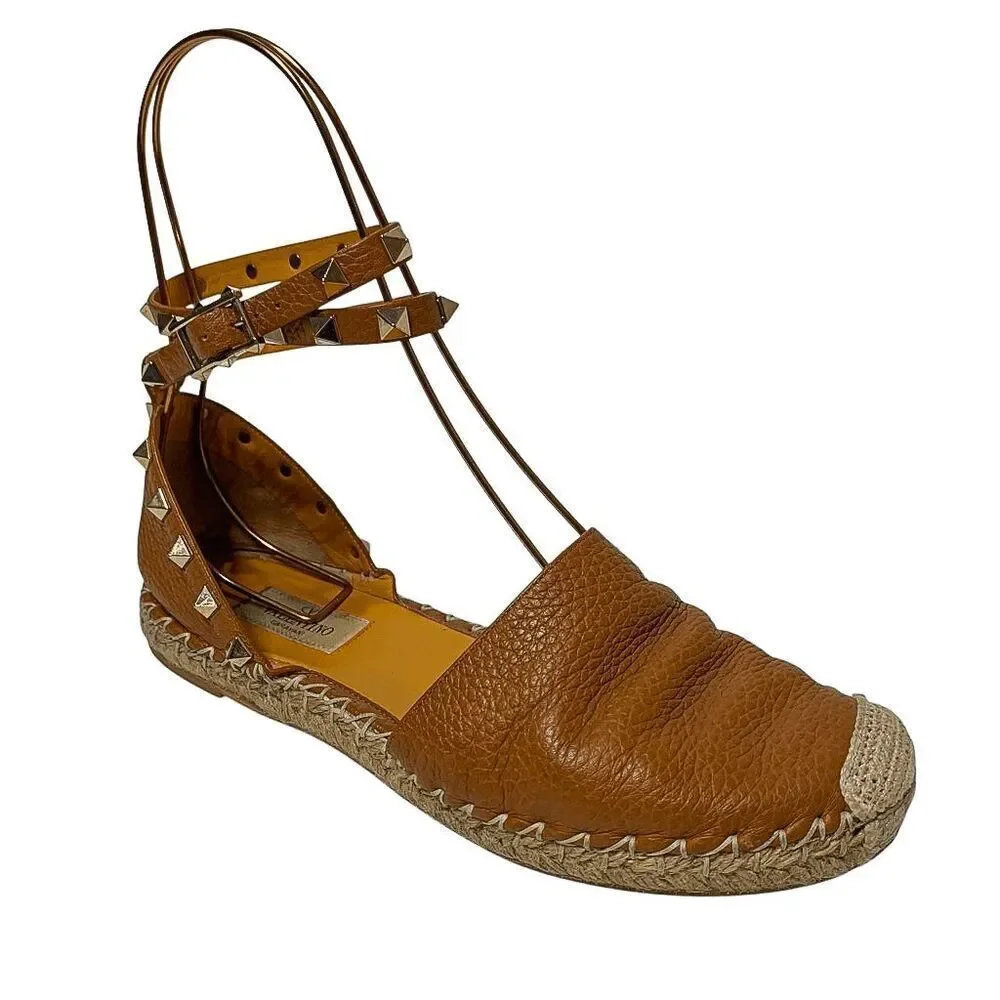 Valentino Garavani Rockstud Espadrille Studded Ankle Wrap Flats EU 37 US 7 Brown